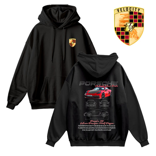 Short Sleeve Hoodie Oversized Black - Porsche 718 Unleash Your Drive